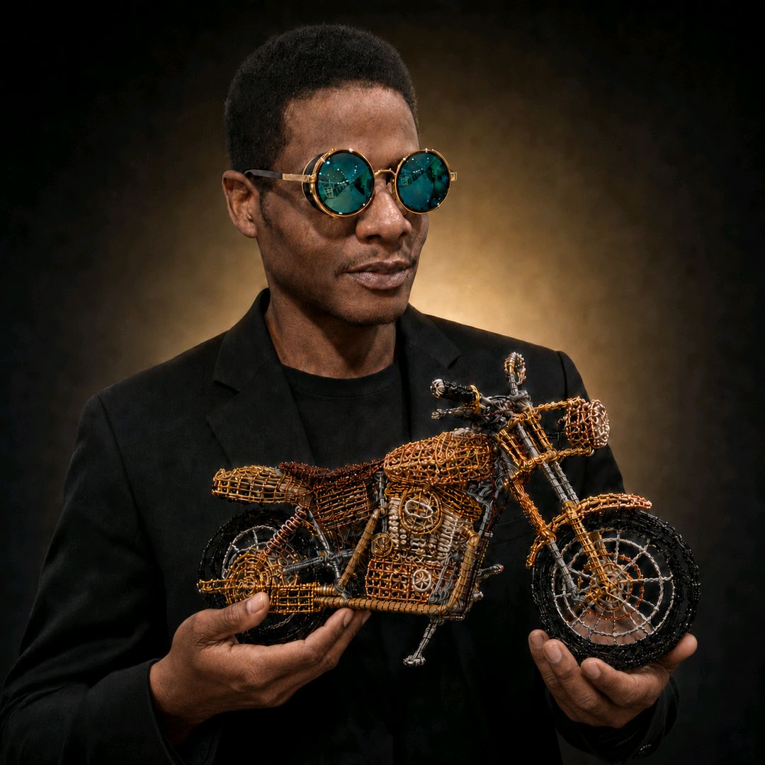 Lonnie Q. Ingram holding his hand-woven wire motorcycle sculpture